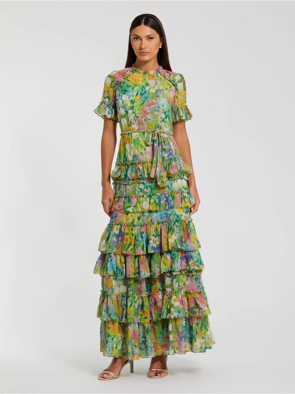 Mac Duggal 8112 Green Ruffle Tiered Chiffon Floral Dress Size 4P NWT